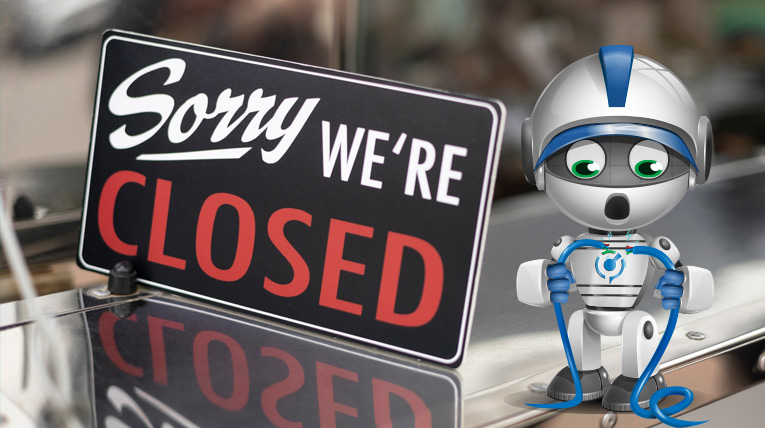 Image of APIRO holding a broken cord next to a business is closed sign