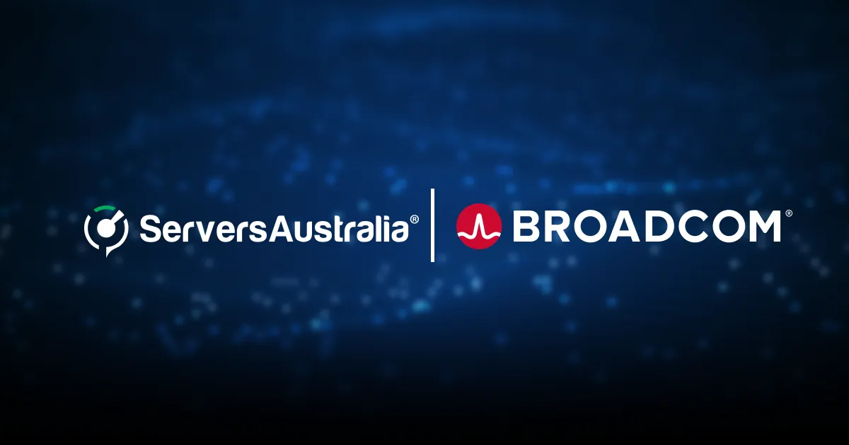 Servers Australia and Broadcom Partnership Logo with Abstract Background