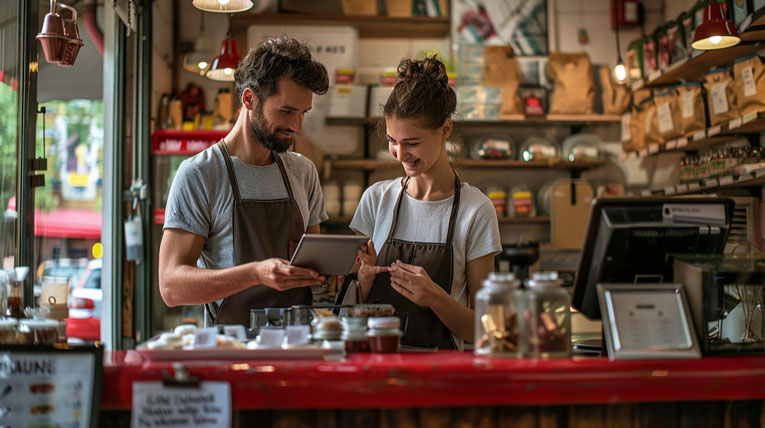 Business owner couple in a cafe behind the counter